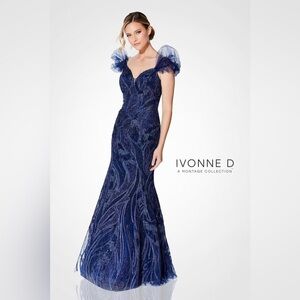Ivonne D Navy Blue Evening Gown